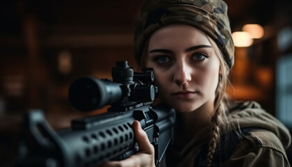 Wall Mural - One young woman aiming rifle outdoors with determination generated by AI