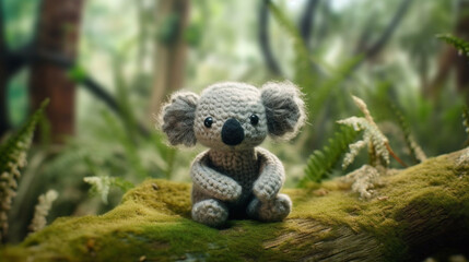 Poster - A stuffed koala bear sits on a branch in a forest.