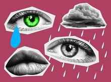 Eyes Mouth Lips Cloud Collage Elements For Mixed Media Design In Halftone Texture Vintage Dotted Rainy Day Set Retro Templates