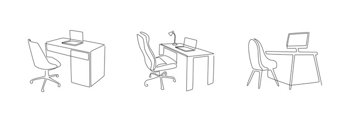 Wall Mural - Set of home office interiors in one continuous line drawing. Modern work tables and chairs with computers in simple linear style. Remote work concept in editable stroke. Doodle vector illustration