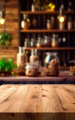 Wooden table in the kitchen with a blurred background. Generative AI