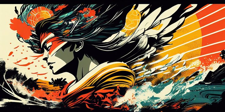 Wall Mural -  - Japanese traditional Ukiyoe Illustration of a traditional Japanese woman with cheerful atmosphere and stormy waves Abstract, Elegant and Modern AI-generated illustration