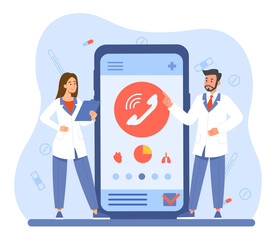 Poster - online doctor concept. man and woman in medical gowns near smartphone, telemedicine. consultants and