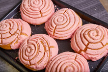 Pink Strawberry Pastry Baked Good Mexican Sweet Bread Conchas Seashell Swirl Frosting Pattern