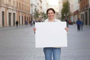 Smiling woman holding a blank white sheet of paper in the city