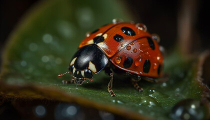 Wall Mural - Spotted ladybug crawls on wet yellow flower generated by AI