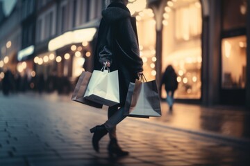 Wall Mural - A woman walking down a street holding shopping bags. AI generative image.