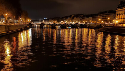 Wall Mural - Illuminated bridge reflects city skyline at dusk generated by AI