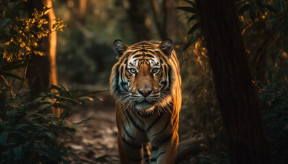 Sticker - Bengal tiger walking majestically in tropical forest generated by AI