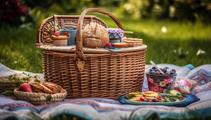 Wall Mural - Fresh organic fruit and bread for picnic meal generated by AI