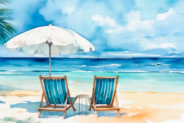 Beautiful beach banner - White sand, two chairs and umbrella. Vacation tourism travel watercolor background. Generative AI