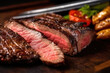 Juicy Angus steak or sirloin steak grilled over hot coals, sliced rare on a wooden board. Generative AI.