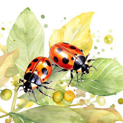 Poster - Generative AI beautiful illustration isolated ladybug on a white background watercolor painted by hand art for wallpaper. Vector cartoon animals