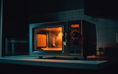 Canvas Print - A microwave oven sitting on top of a counter. AI generative image.