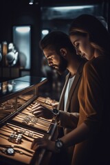 Canvas Print - A man and a woman looking at jewelry. AI generative image.