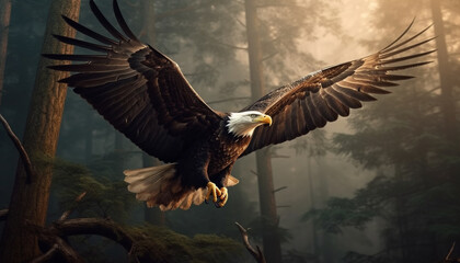 Sticker - Majestic bald eagle spreads wings in flight generated by AI