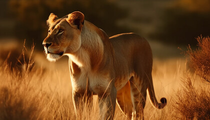 Wall Mural - Majestic lion walking in African savannah sunset generated by AI