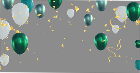 Wall Mural - Green and silver balloons with confetti on gray background. Vector illustration