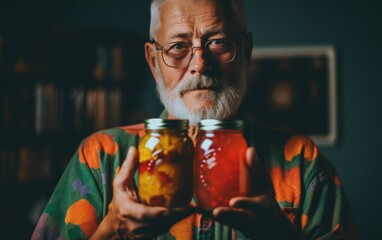 A man holding two jars of pickles in his hands. AI generative image.