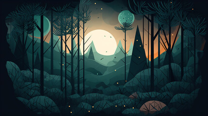 A forest with a full moon in the sky flat design vector style illustration Generative Ai