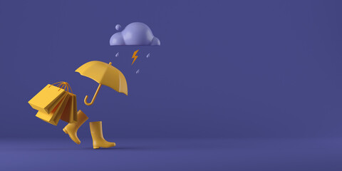 3d cartoon concept rainy season shopping background for banner, cover, poster, brochure. 3d rendering illustration