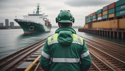 man in a vibrant green and yellow safety jacket, donning a protective helmet. Seen from behind, he gazes upon a bustling cargo ship port, providing a glimpse into the world of maritime logistics