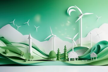 Paper art, renewable energy with green energy such as wind turbines, Renewable energy by 2050 Carbon neutral energy, Energy consumption, and CO2, Reduce CO2 emission concept.