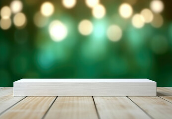 Poster - Blank white wooden podium on wooden table over green bokeh lights background