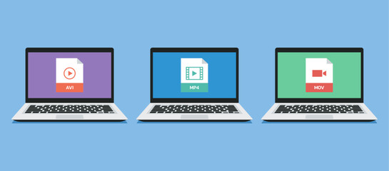 Poster - set of video player document file format icon such as MP4, AVI and MOV on laptop screen, vector flat illustration