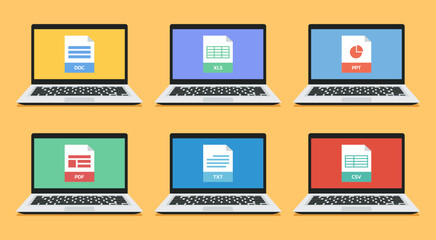 Poster - set of office document such as doc, xls, ppt, pdf, txt, and csv file format icon on laptop screen, v