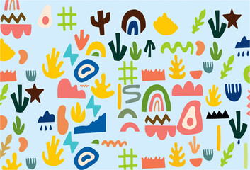 Wall Mural - Set of different abstract shapes. Hand drawn trendy illustration for pattern design. Unique signs and shapes as fabric texture.