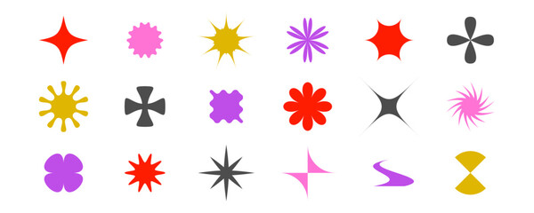 Poster - Primitive geometric forms collection. Abstract stars, flowers, crosses, sunburst shapes in Swiss, bauhaus or Memphis style. Brutalist elements pack for poster, banner, collage. Vector signs bundle. 