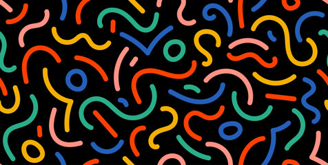 Poster - Colorful doodle seamless pattern. Abstract squiggle repeating background. Simple scribbles and shapes wallpaper. Textile or fabric print design swatch. Vector backdrop.
