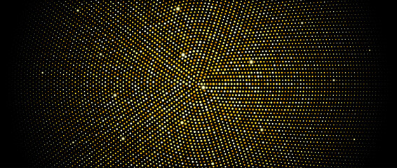 Poster - Golden radial halftone background. Gold glitter confetti wallpaper. Retro dotted circles pattern. Design template for banner, flyer, poster, presentation. Vector illustration 