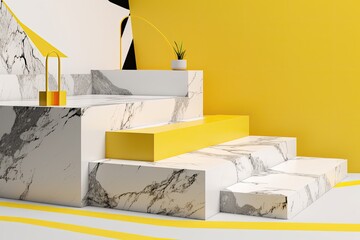 Poster - modern yellow and white room with elegant marble steps Generative AI