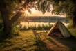 © SKIMP Art - tent and camping chair set up on the grass near a river with sunset  Generative AI