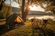 © SKIMP Art - tent and camping chair set up on the grass near a river with sunset  Generative AI