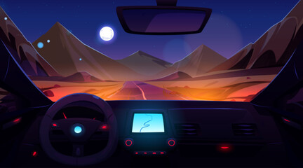 Wall Mural - Pov view of car salon inside and sand desert landscape with road. Vehicle dashboard with gps navigator, wheel and Sahara landscape at night, vector cartoon illustration