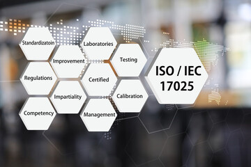 3D ISO 17025 infographic background with world map for testing and calibration laboratories  management concept. certified for report and test result trusted.