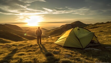 person camping in tent at sunrise Generative AI