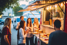 Candid shot of a diverse group of friends laughing and socializing outside a food truck during a summer outing, capturing a moment of joyful camaraderie, generative AI