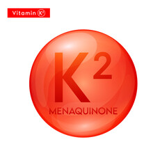 Wall Mural - Vitamin K2 (Menaquinone) red icon 3D. Essential multivitamin supplement. Beauty nutrition skincare. Pill capsule vitamins complex. For cosmetic product design. Medical concept. Vector.