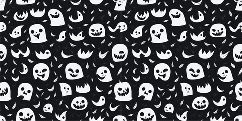 Canvas Print - halloween black and white seamless pattern of ghosts.