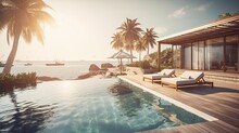 Illustration Of Pool And Villa Resort Or Beach House. Sun Loungers On Sunbathing Deck And Private Swimming Pool With Sea View At Luxury Villa Resort