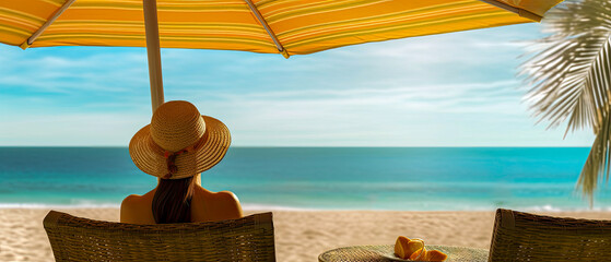 Wall Mural - A women on her summer vacation on a tropical beach under an umbrella looking at the ocean.  A holiday in paradise (genertative AI)