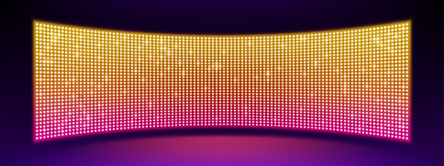 Poster - Realistic concave LED screen on wall or stage. Vector illustration of large TV display with glowing neon yellow, pink dot lights on black background. Digital score panel with diode lamps for stadium