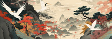 The Traditional Chinese Painting Of Birds In The Landscape With The Sun, Generative AI