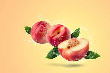 Ripe fresh peach fruit isolated on peach color background.