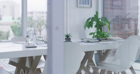 Aufkleber - Interior design, meeting or empty office for a presentation with a table, chairs or corporate company space. Background, conference room or modern boardroom space for training in a business meeting