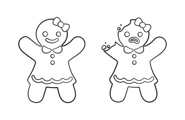 Sticker - Cartoon gingerbread girl cookies whole and with head bite. Funny Christmas cookie vector illustration. Coloring book page activity for kids.